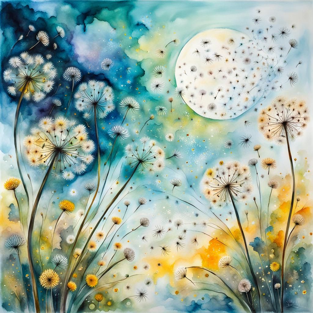 Dreamy Sky: Dancing Dandelions in Watercolor Style