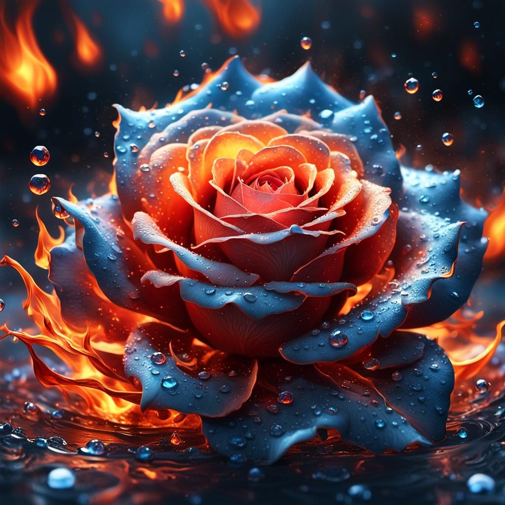 Fiery Rose with Water Droplets: Fantasy Concept Art