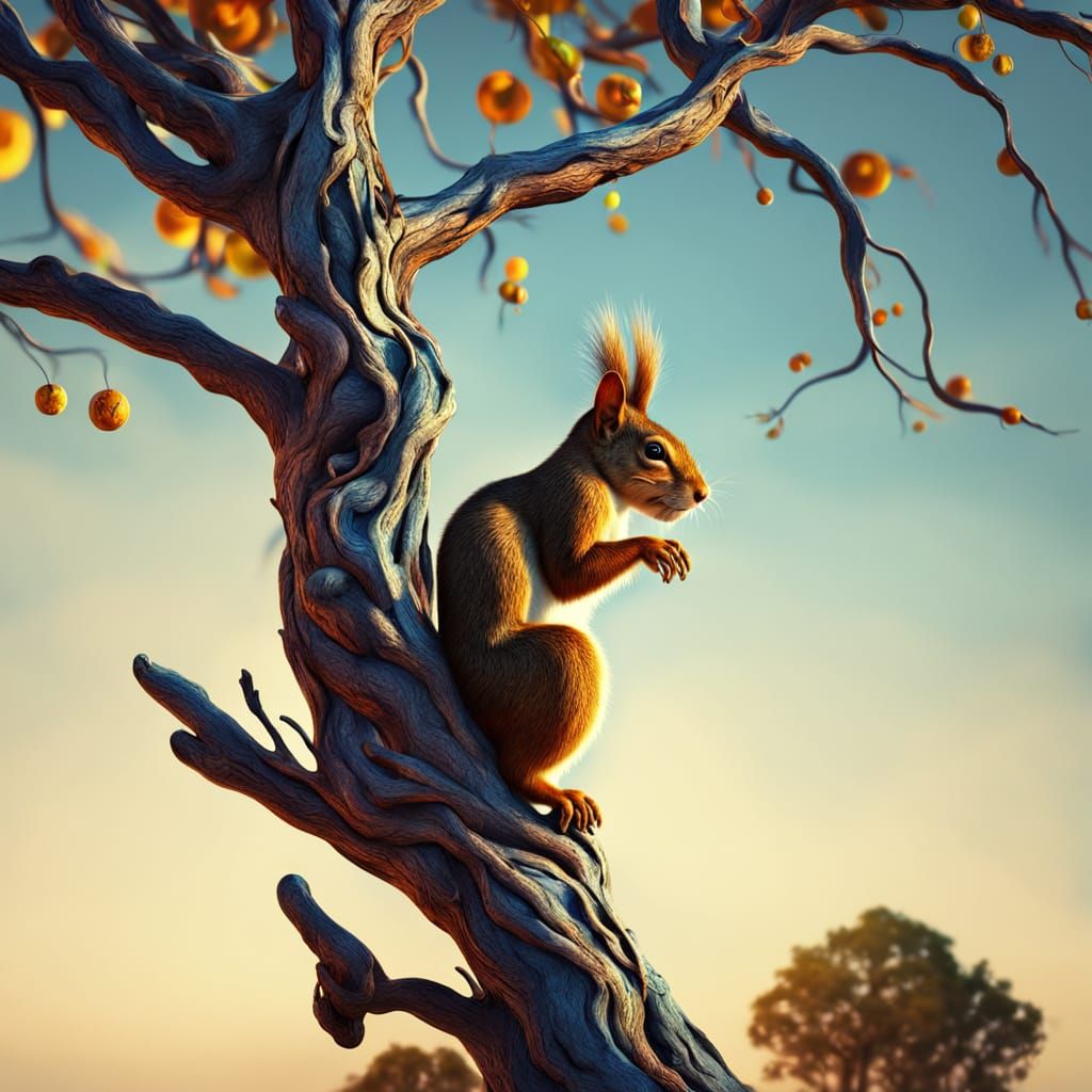 Surreal Squirrel on Twisted Tree Branch in Dali Style
