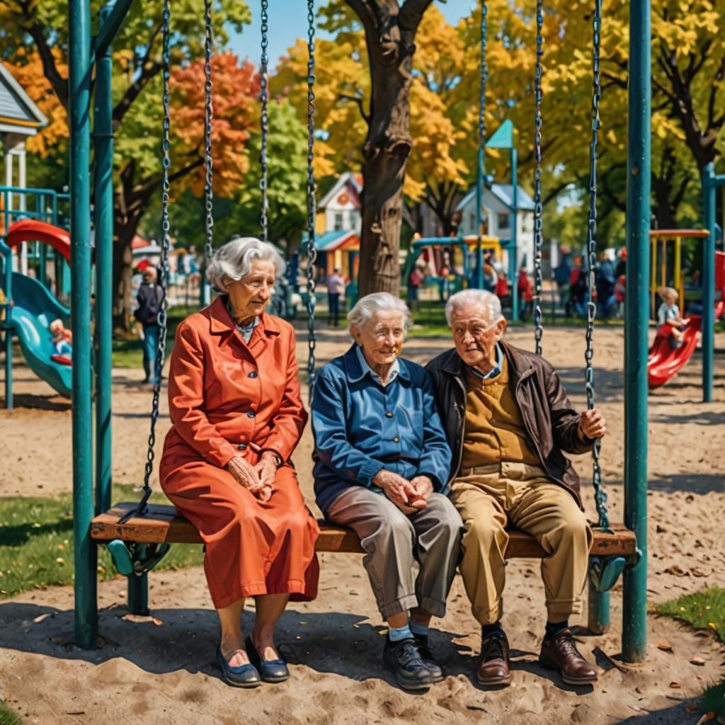 Playground Scene with Children and Elderly Couple