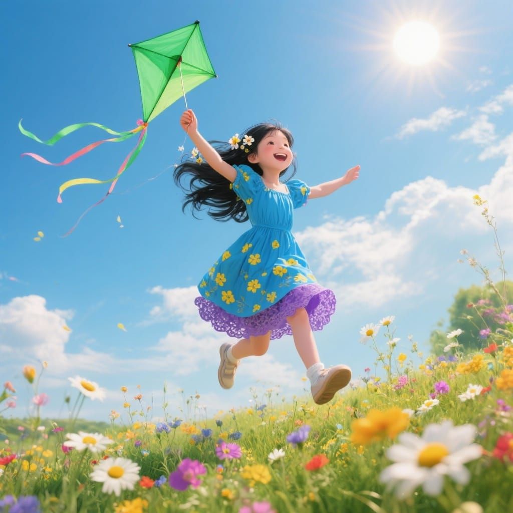 Joyful Girl Flies Green Kite in Sunlit Meadow