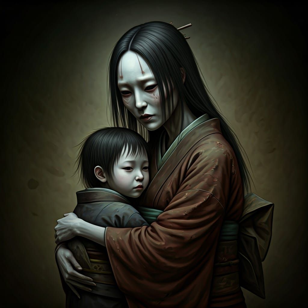 Ethereal Mu-onna Embraces Child: Mystical Realism Art