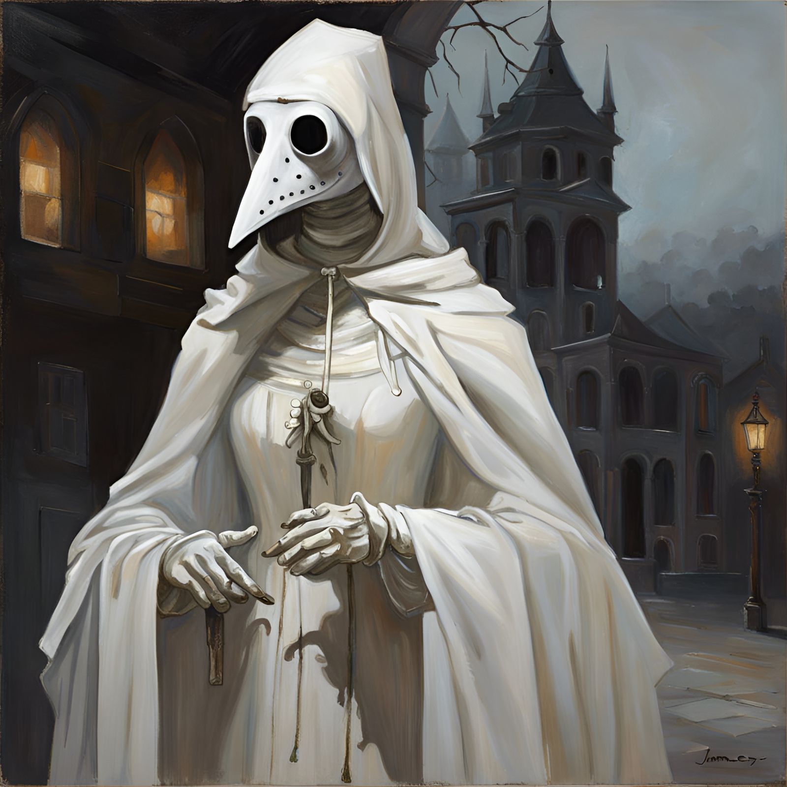 Ghostly Plague Doctor in Gothic Mansion, Oil Painting