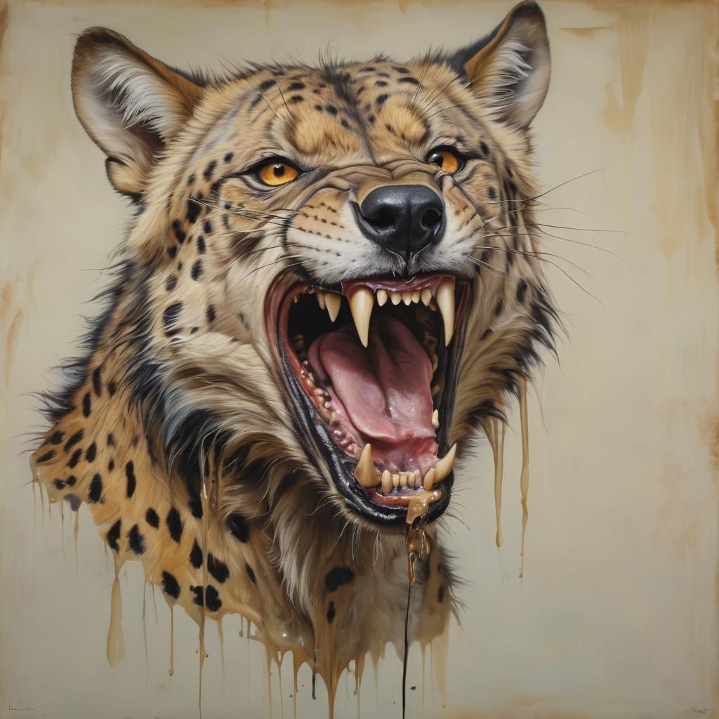 A wolf ,hyena,leopard hybrid animal with strong teeth and drool dripping out of its large mouth