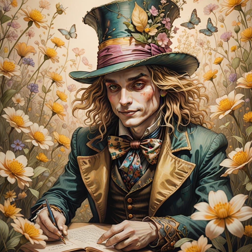 Mad Hatter Botanical Pencil Sketch with Flower Fairy