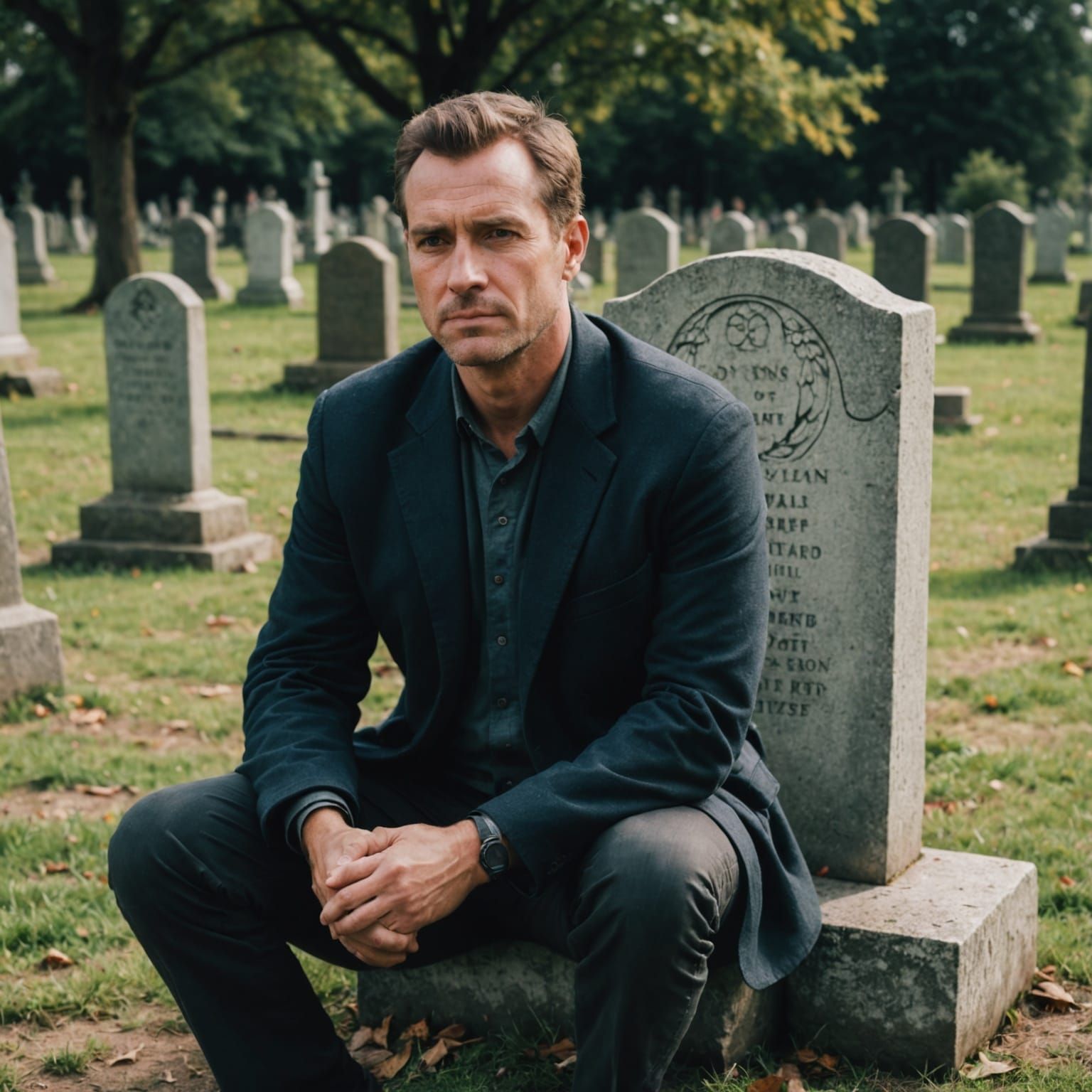 A man sitting in front of his own gravestone