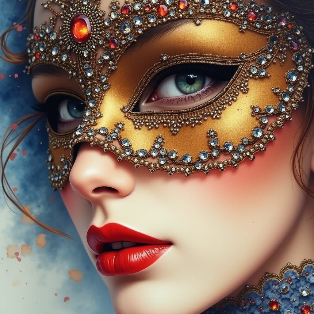 Elegant Woman's Face with Venetian Mask in Watercolor