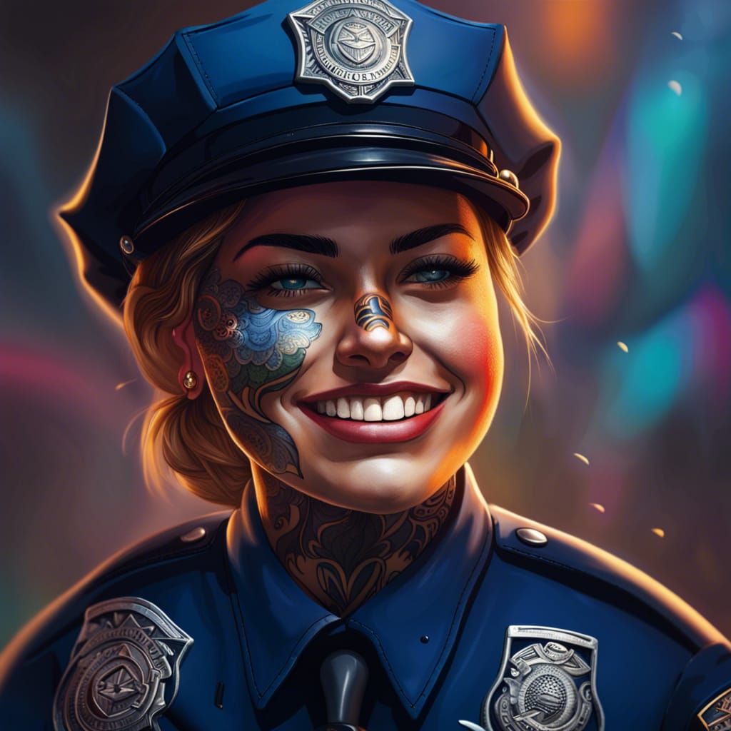 Female police officer smiling with face tattoos
