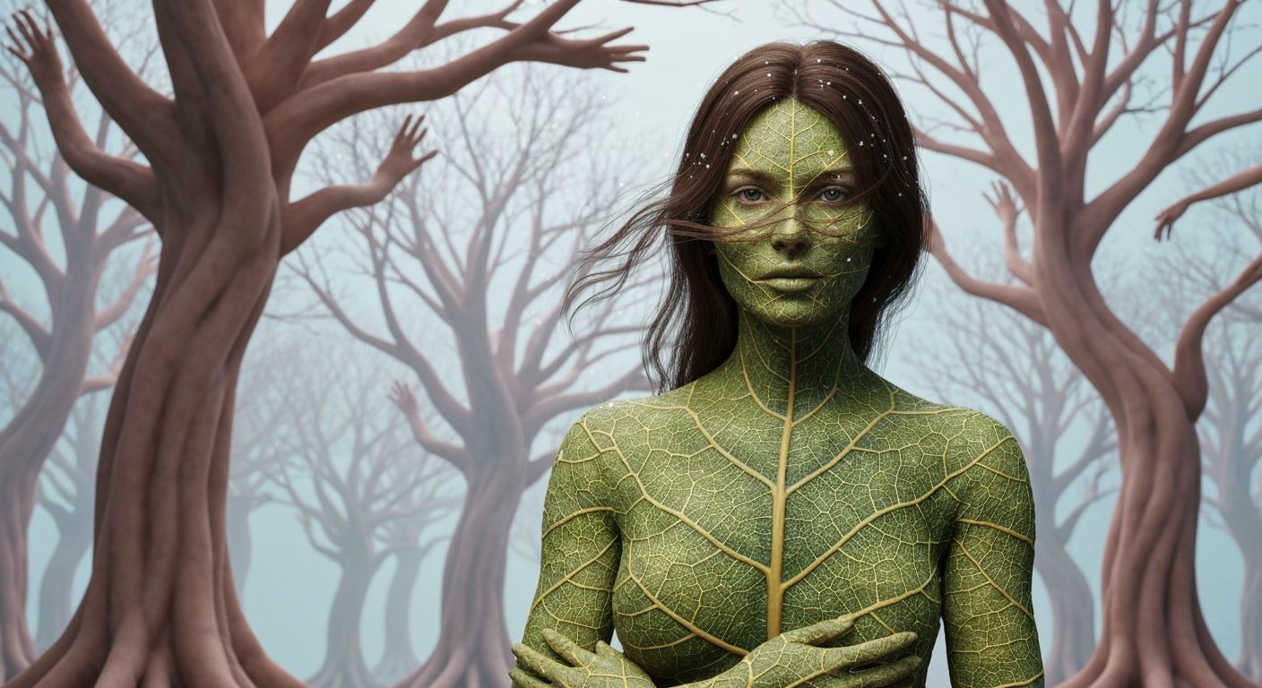 Transparent Water Woman in Moonlit Forest, Botanical Skin Te...