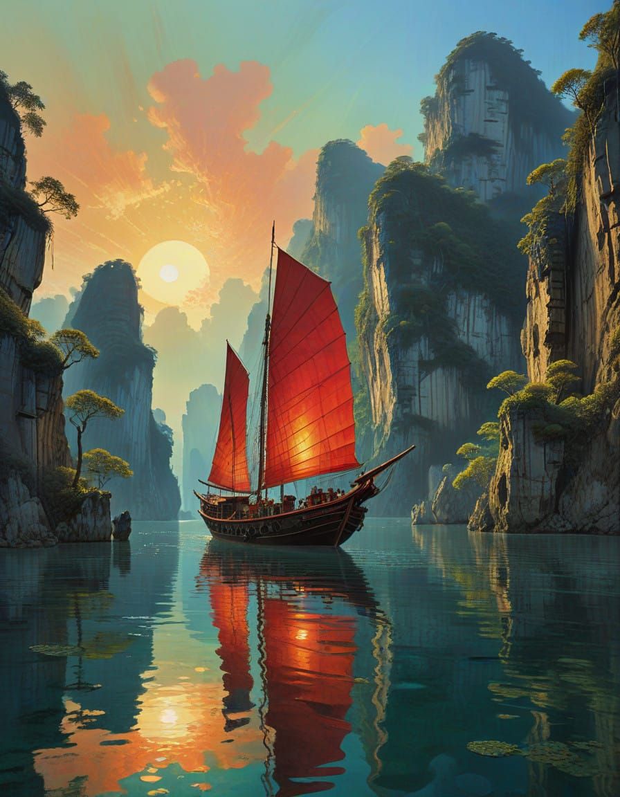 Traditional Chinese Junk Boat in Ha Long Bay's Serene Landsc...