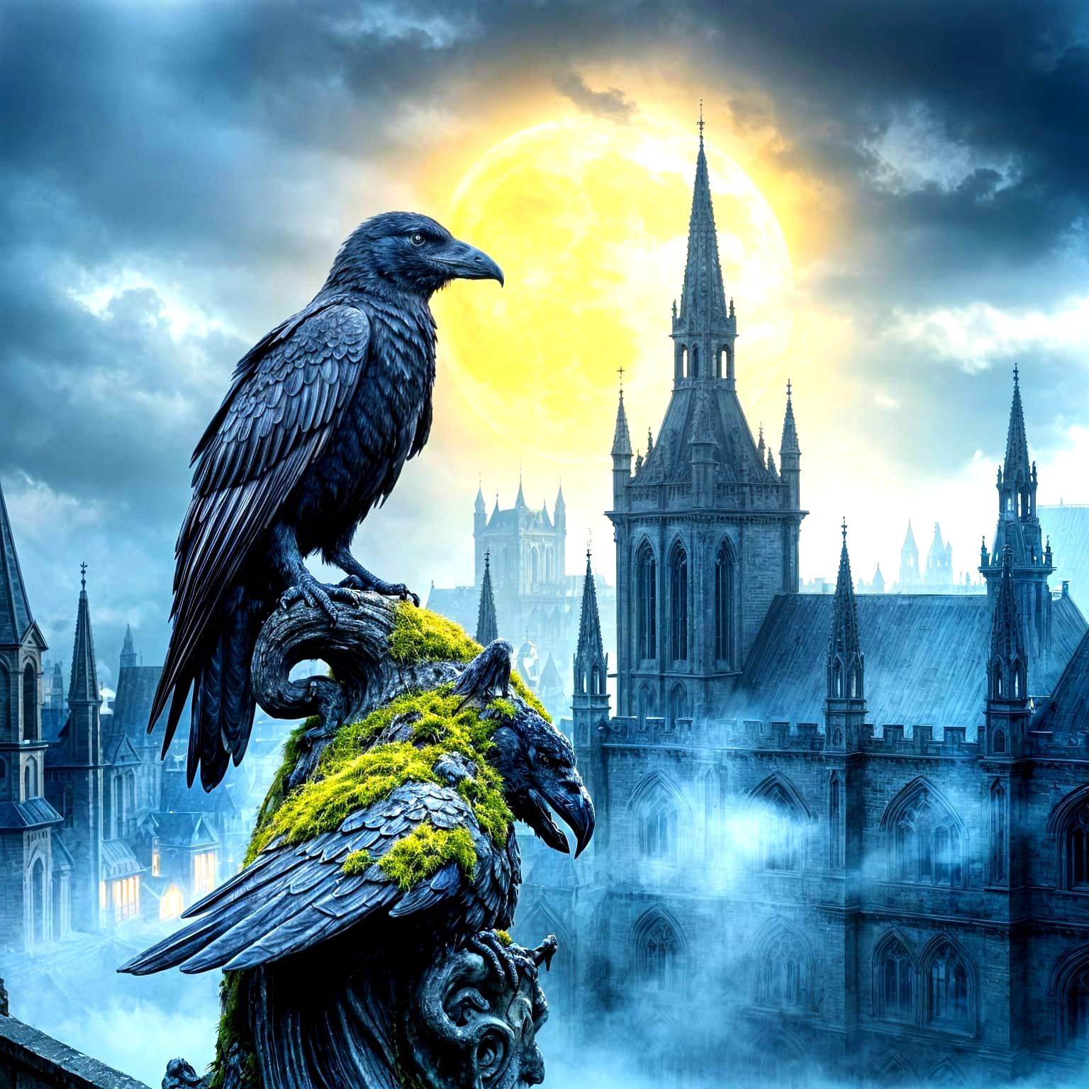 Majestic Raven on Gothic Gargoyle in Moonlit Cityscape