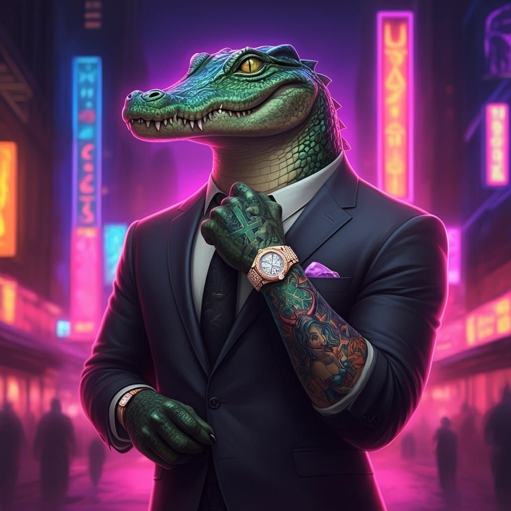 Humanoid Alligator in Futuristic Cityscape