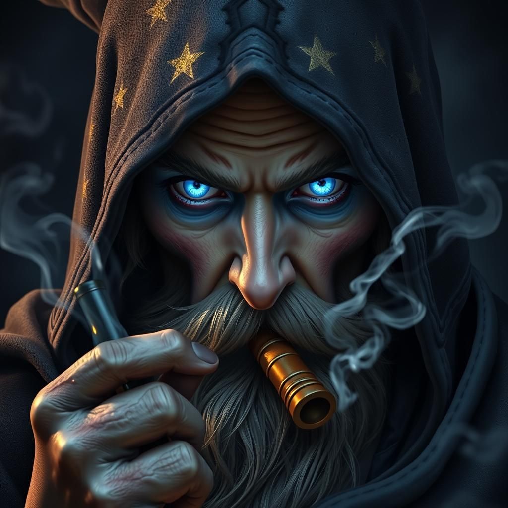 Mysterious Wizard with Glowing Eyes and Starry Cloak