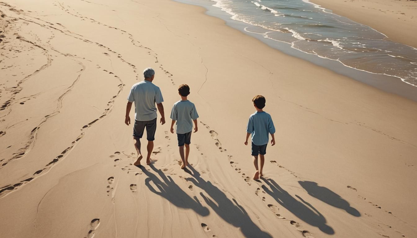 Father and Son Walking on Beach in Photorealistic Style