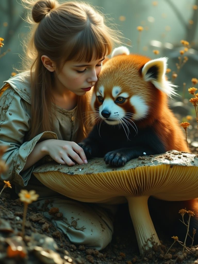 Ethereal Child & Red Panda on Mushroom Macro Photo