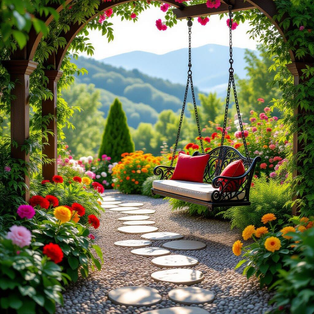 Sculpted Garden Landscape with Flowers and Wrought-Iron Swin...