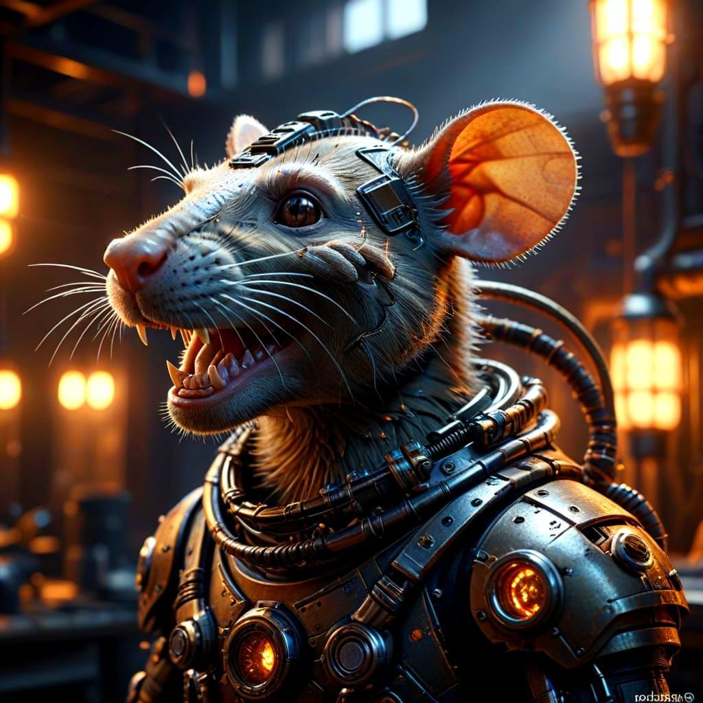 Cyborg Rat Master Mechanic in Industrial Steampunk Workshop