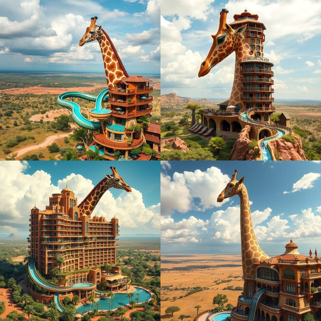 A majestic, towering giraffe shaped hotel, its long neck reaching into the clouds. Guests relax on balconies overlooking...
