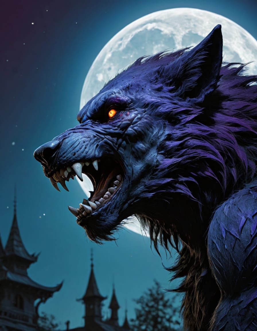 Werewolf Under a Blood Moon in Gothic Art Style