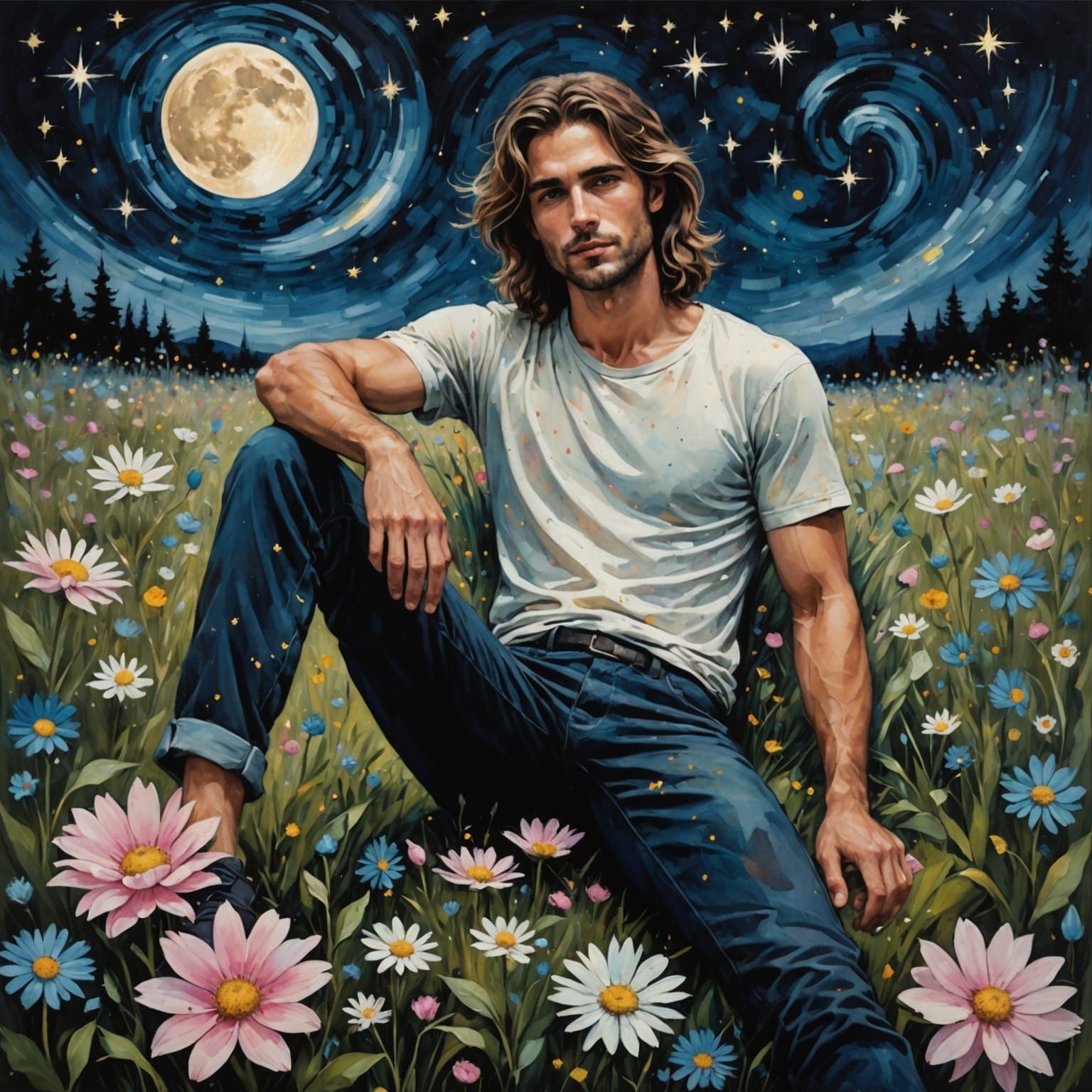 Relaxing man on a flower meadow