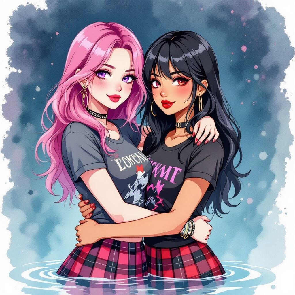 Pink and Black Haired Women Hug in Watercolor Style