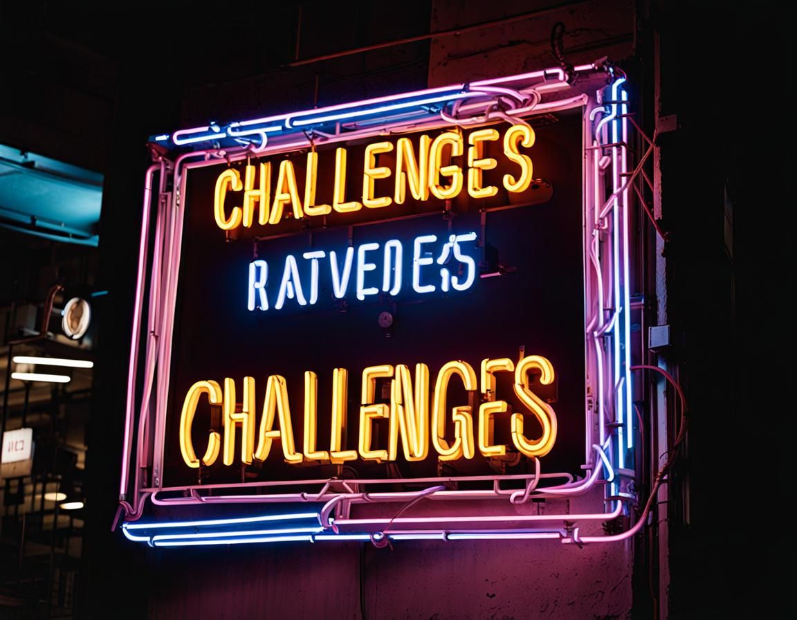 Illuminated Neon Sign Displaying Challenges at Night