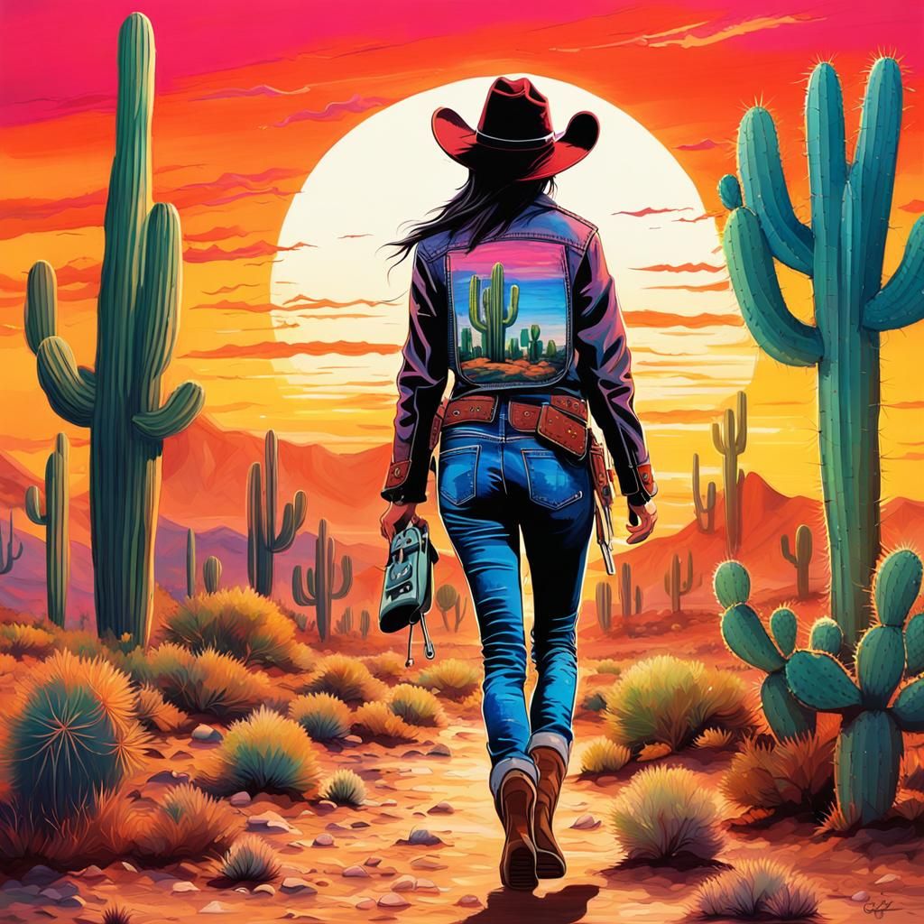 Cowgirl Sunset Walk: Graffiti Art Style
