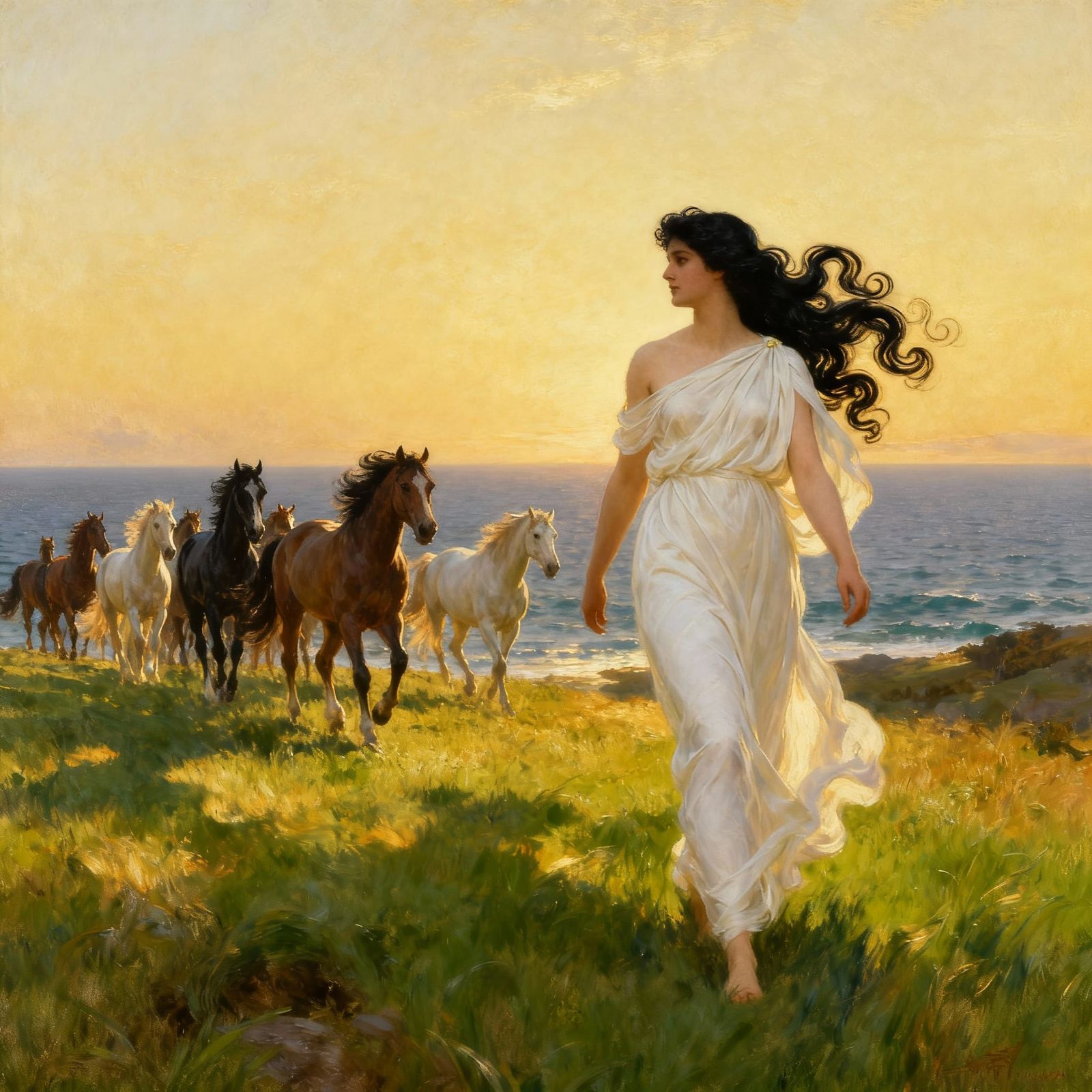 Woman in Toga with Horses in Golden Hour Landscape