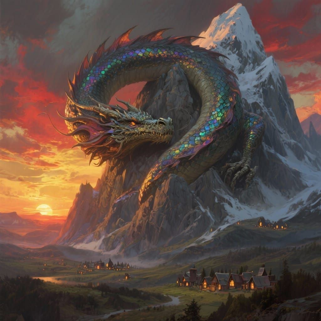 Ancient Dragon Sleeps on Snowy Mountain Peak at Sunset