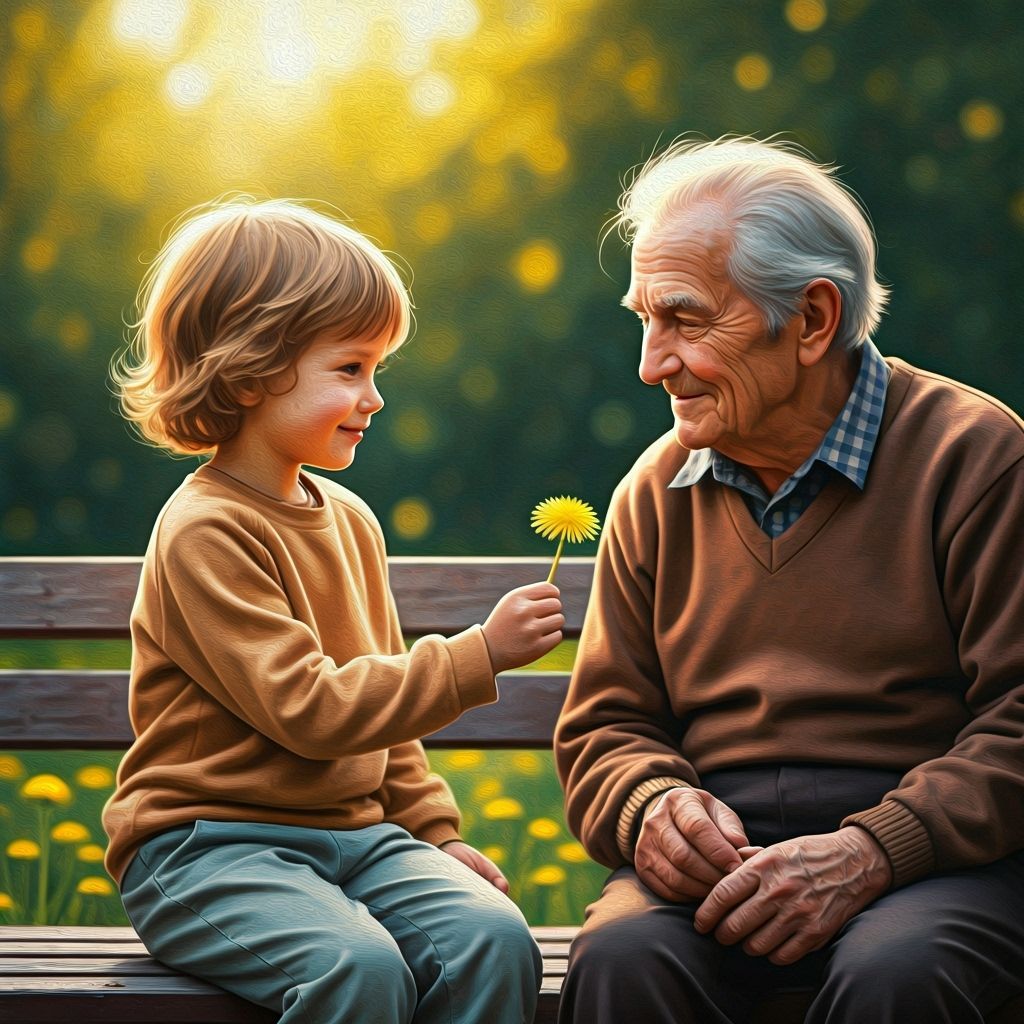 Innocent Child Offers Dandelion in Golden Hour Park Painting