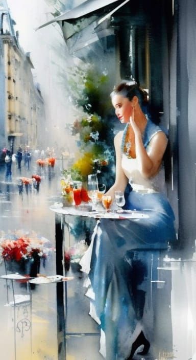 Parisian Cafe Watercolor Portrait in Surreal Abstraction