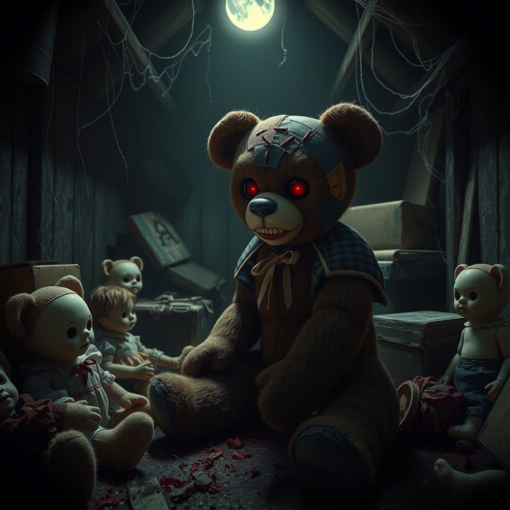 Malevolent Teddy Bear in Abandoned Attic
