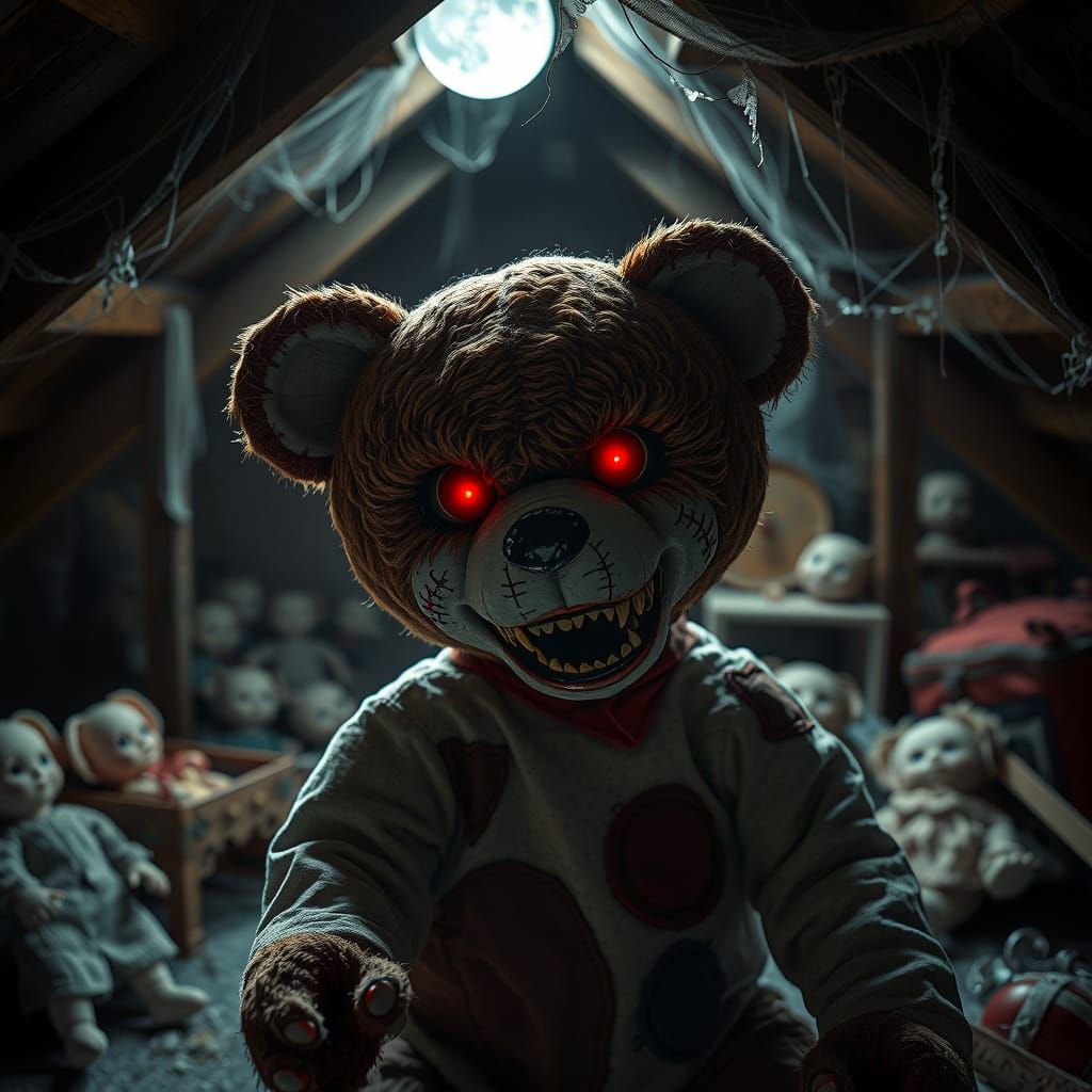 Menacing Teddy Bear in Abandoned Attic
