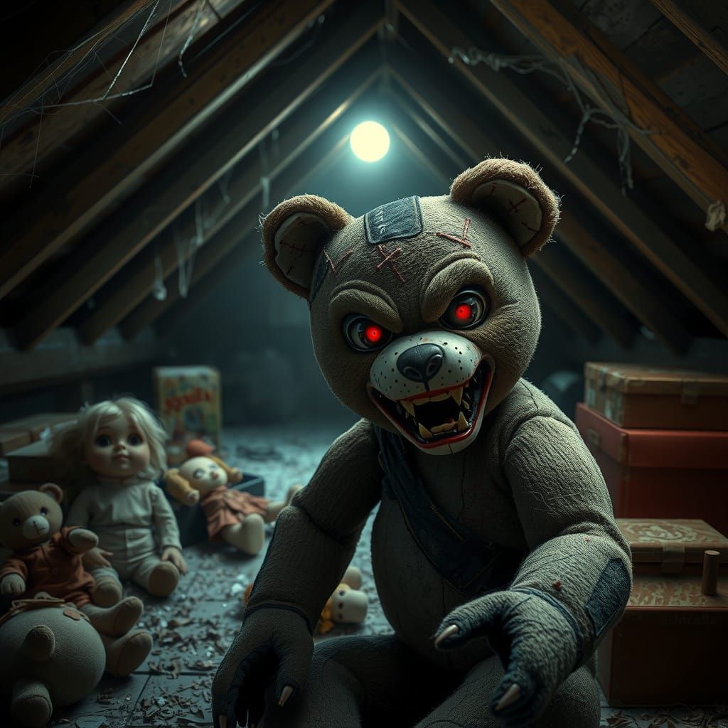 Malevolent Teddy Bear in Abandoned Attic