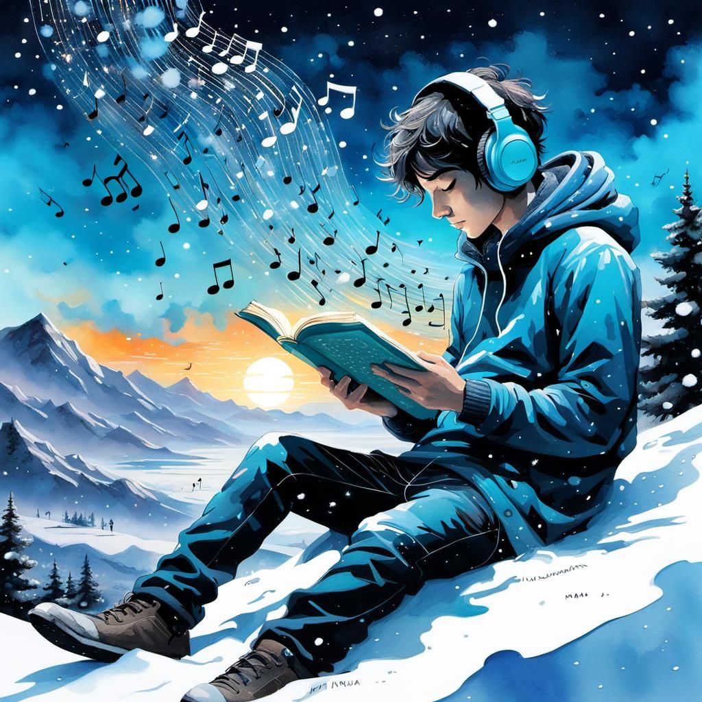 Snowy Mountain Reader in Watercolor Dreamscape