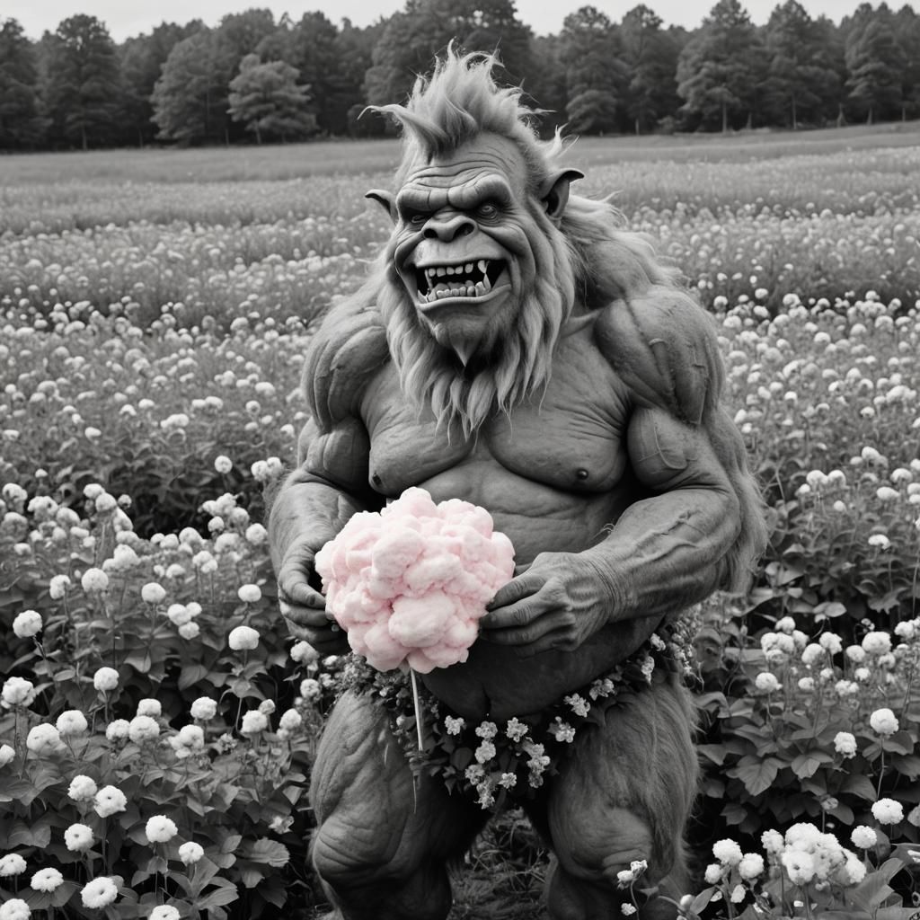 A Grimy Troll Amidst Blooming Flowers in Black and White