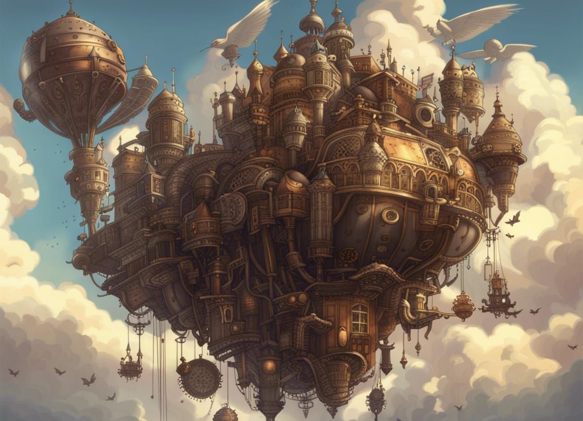 Steampunk Flying Castle: Anime-Inspired Digital Art