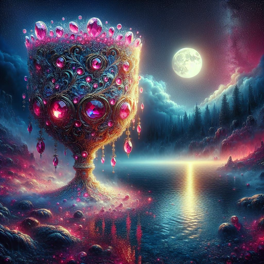 Moonlit Jeweled Goblet Rising from Misty Lake