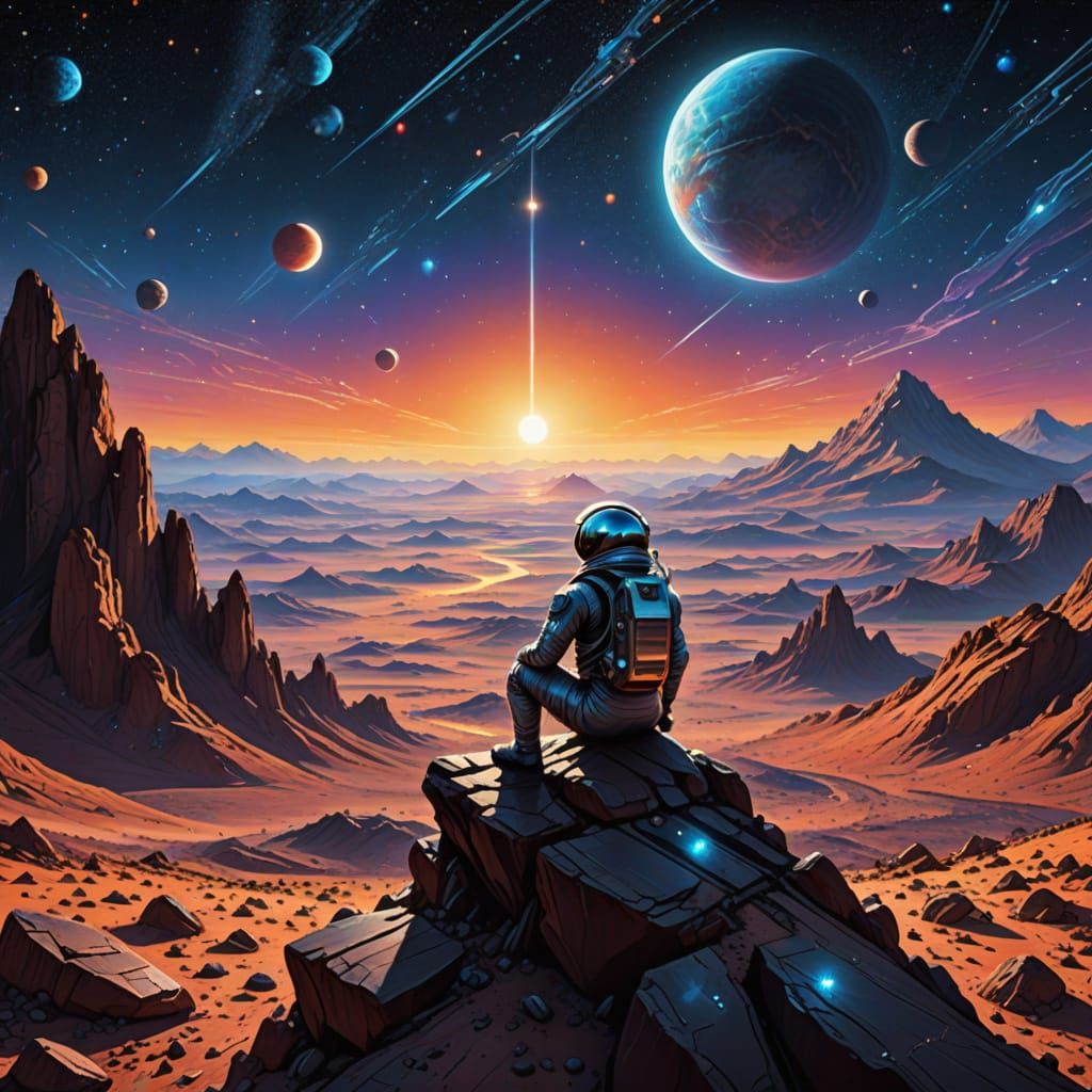 Astronaut Contemplates Alien Sunset in Cosmic Illustration