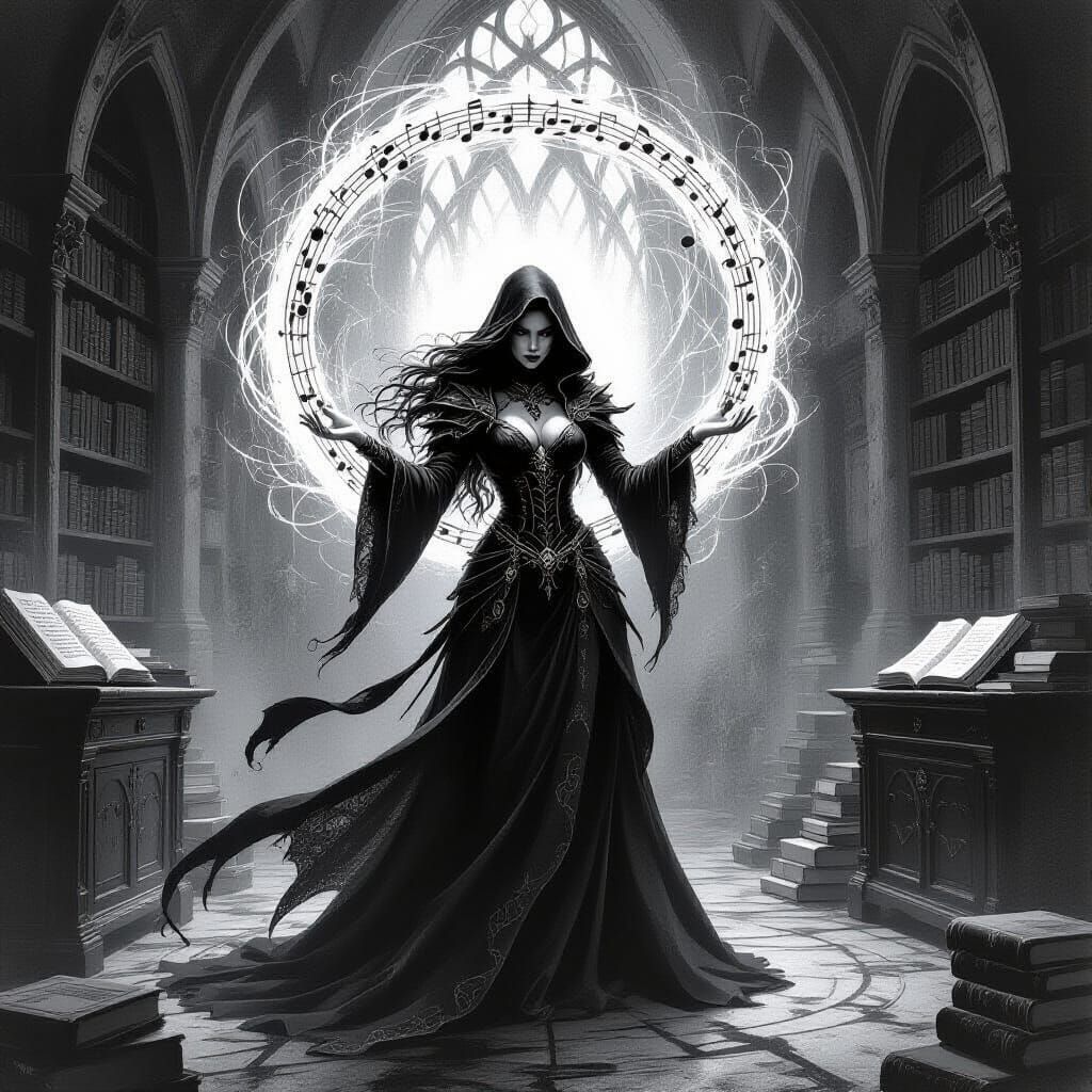 Enigmatic Sorceress Weaving Magic in Gothic Chamber
