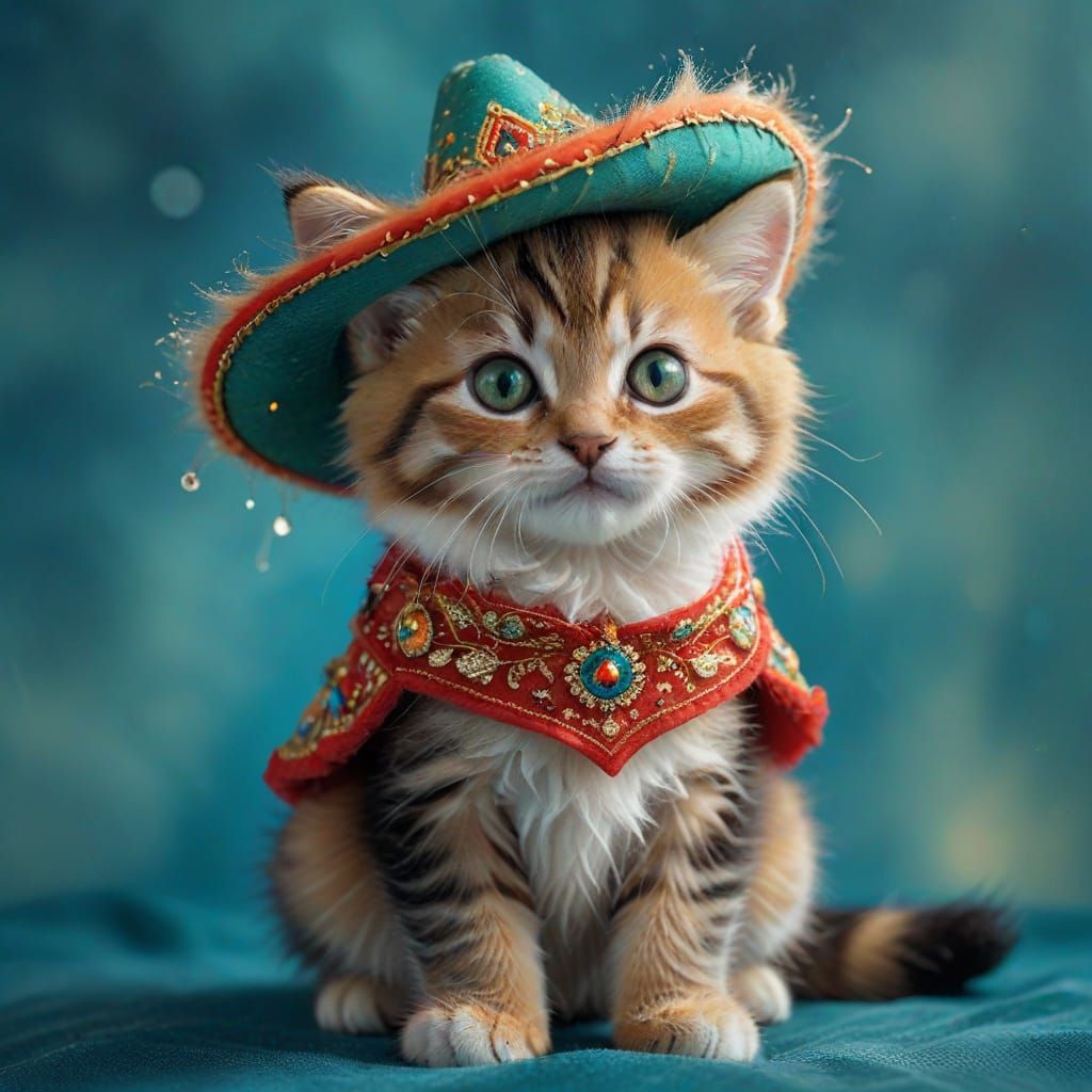 Adorable Kitten in Sombrero with Expressive Green Eyes