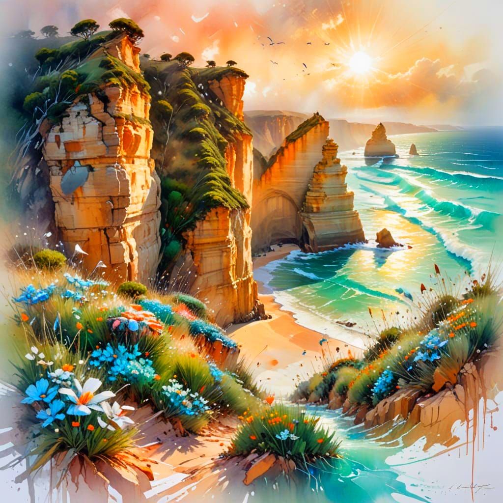 Great Ocean Road Cliffs in Vibrant Oil Painting Style