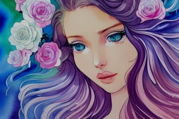 Wavy Transparent Hair with White Roses in Gouache
