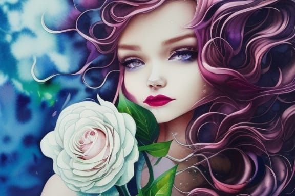 Woman with Fluid Hair and Floral Adornments