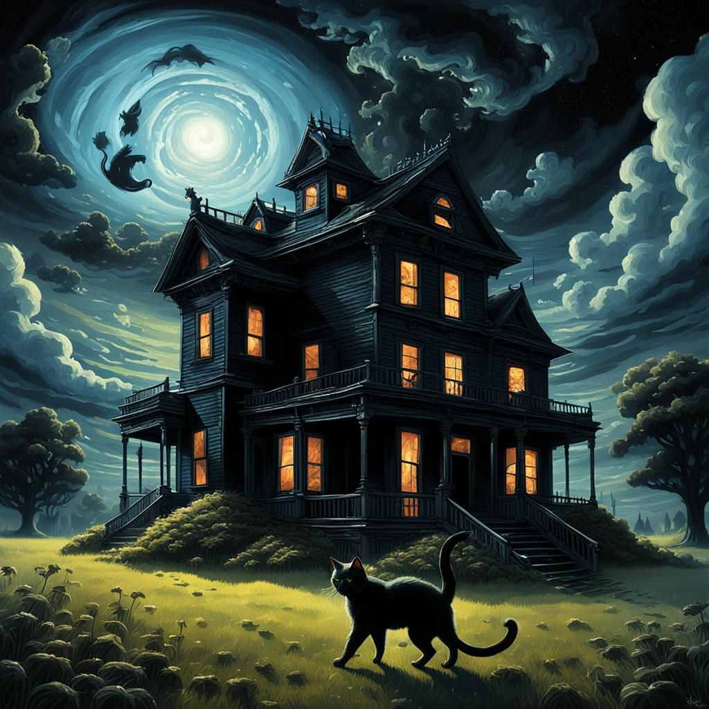 Sinister Night Scene with Black Cat