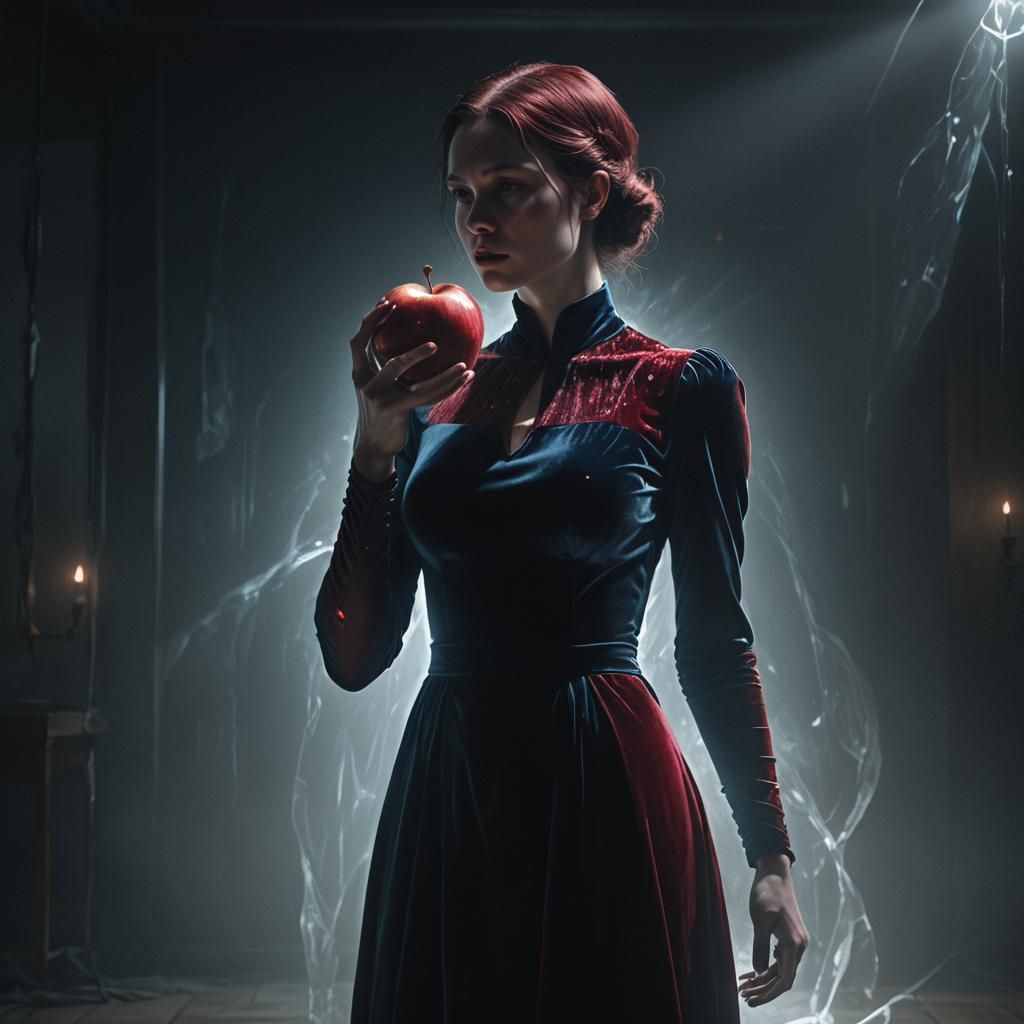 Eerie Apple-Headed Woman in Dark Fantasy Style