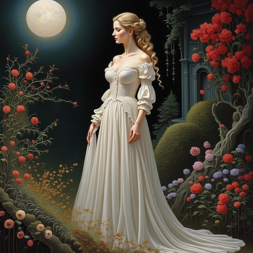 Elegant Woman in Moonlit Garden
