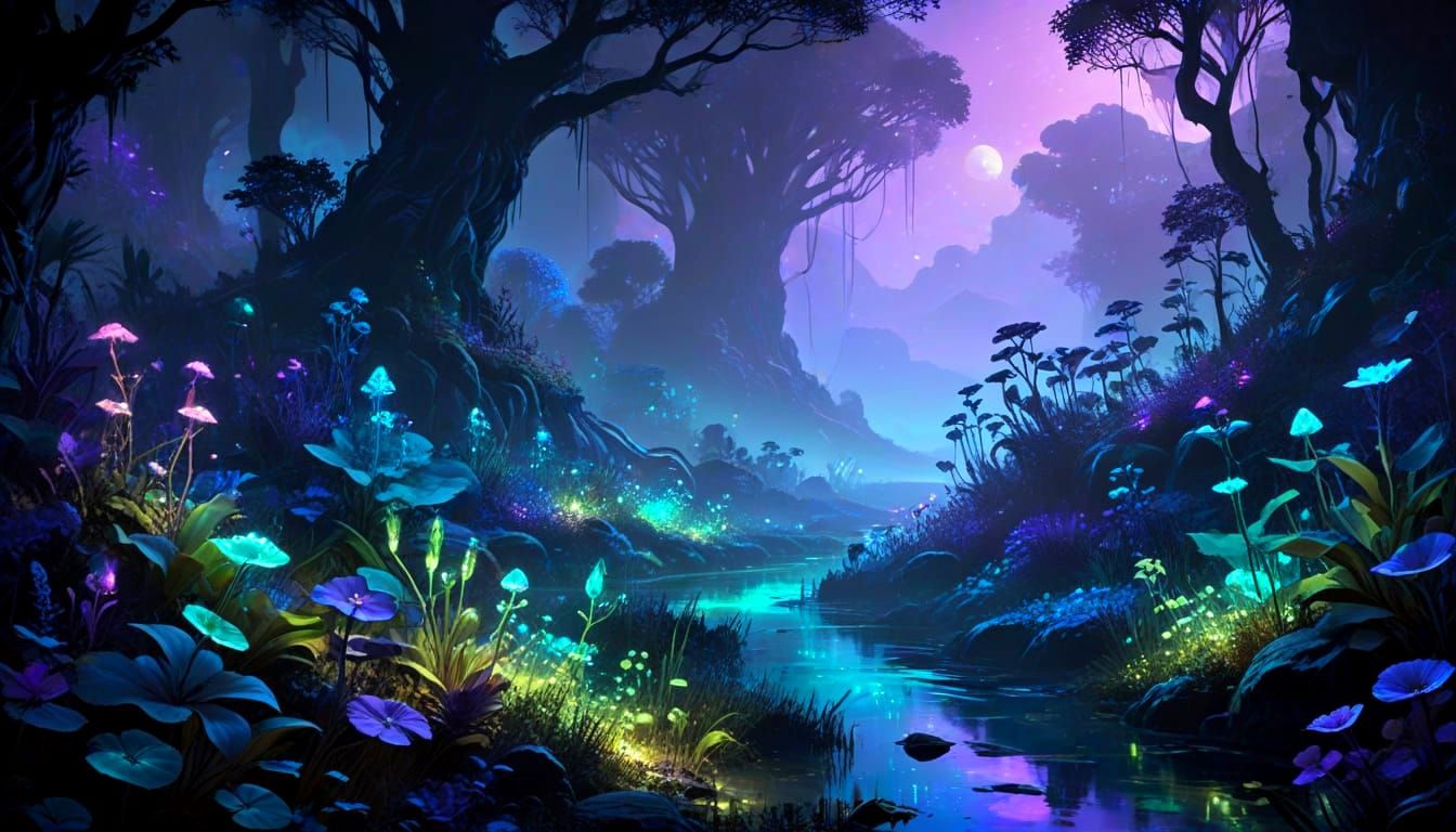 Dreamlike Bioluminescent Landscape Concept Art