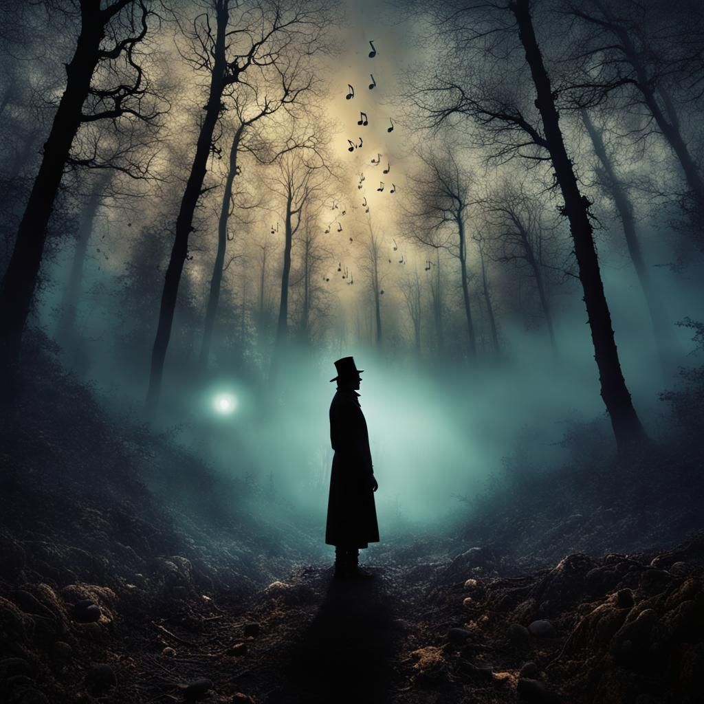 Ghostly Silhouette Vanishing in Forest Mist, Gothic Starscap...