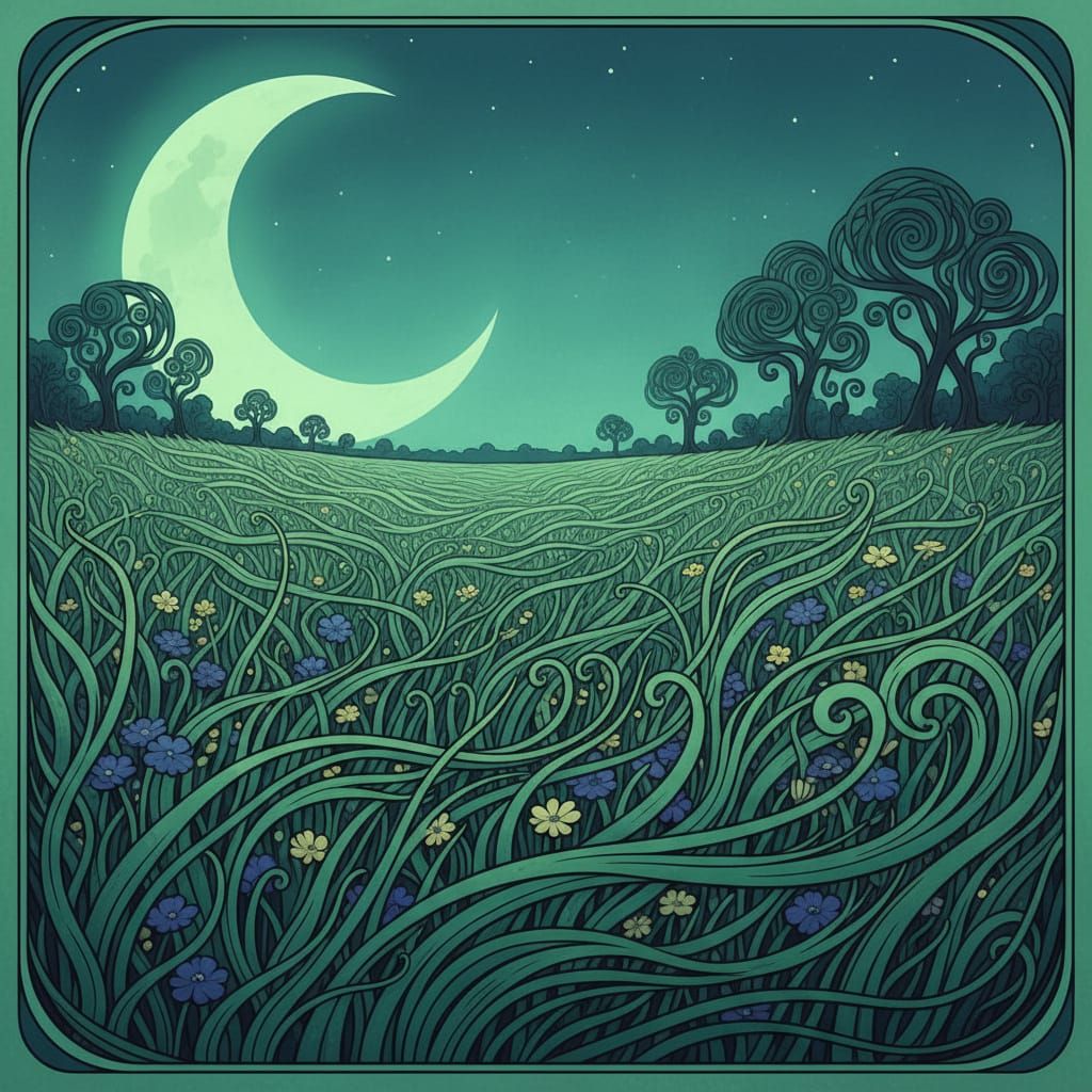 Meadow Under Green Moon in Art Nouveau Style
